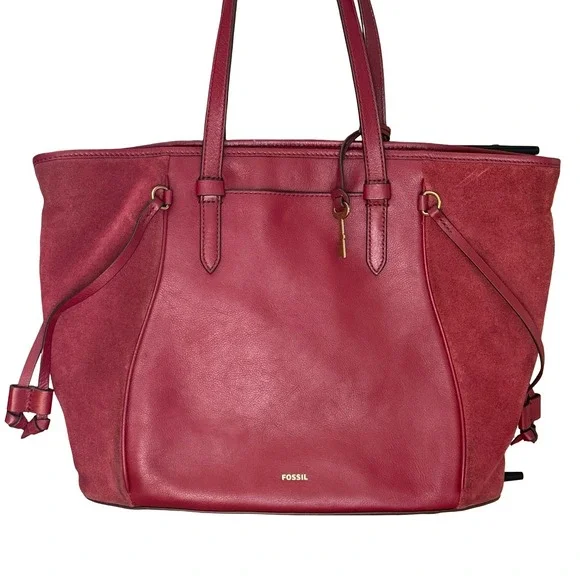 Fossil Charli Leather and Suede Tote Bag Triple Compartment Red Shoulder Bag - Picture 2 of 16